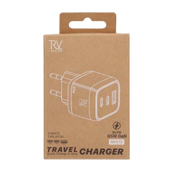 Rvelon Wall Charger 2x USB-C and USB-A 65W GaN - White