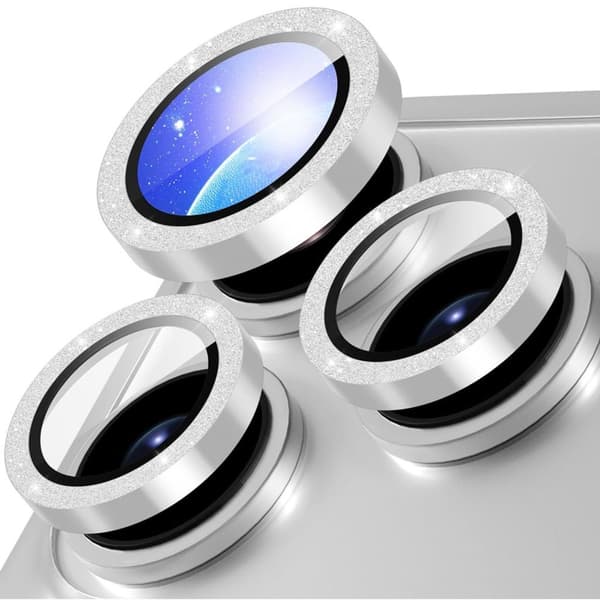 iPhone 18 Pro Lens Protector Metal Ring Tempered Glass Glitter - Silver
