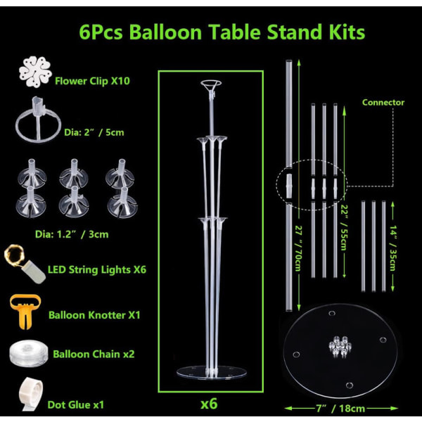 Ballongbordsställ, 6 set för ballonger, mittstativ, 28 tum (70 cm)