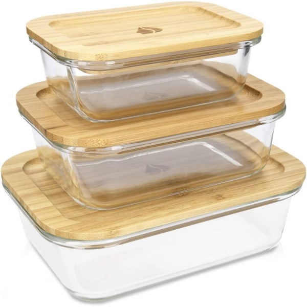 Matbehållare i glas (set med 3) - Köksförvaringsbehållare med bambulock -