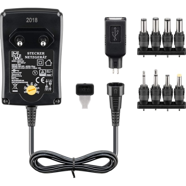 universell strömförsörjning 3 V – 12 V max 18 W strömförsörjning med 1 x USB-adapter 2 x jackkontakt och 6