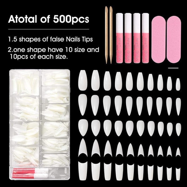 Vit Färg Extra långa False Nail Tips 500 Pieces Nageltips med Nagellim French
