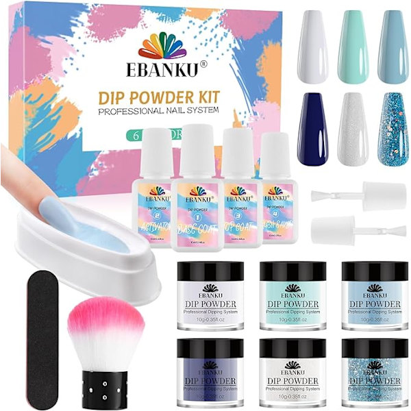 15 Pieces Dip Powder Nail Starter Kit,  6 Colors Blue Glitter Nail Dip Powder Kit with Dip Liquid