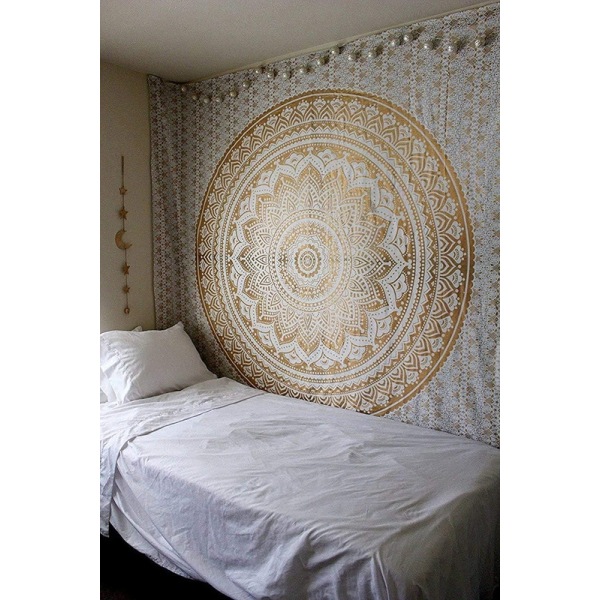 Golden Mandala Tapestry Wall Hanging Bohemian Hippie Bedroom and Living Room 84x54 Inch