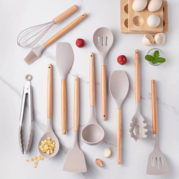 12pcs, Silicone Utensil Set, Khaki Kitchen Utensil Set With Wooden Handle