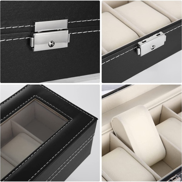 atch Box 6 Watch Box with Glass Window, Velvet Lining, Metal Buckle, Black PU Case, Black