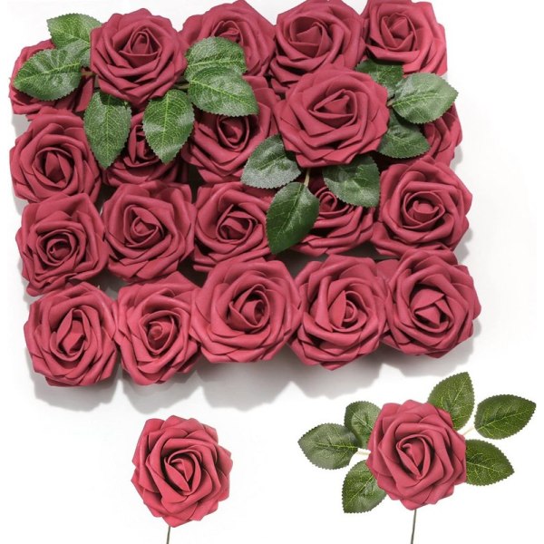 Konstgjorda blommor, 20 st konstgjorda ros med stjälkar, falska blommor, (röd)