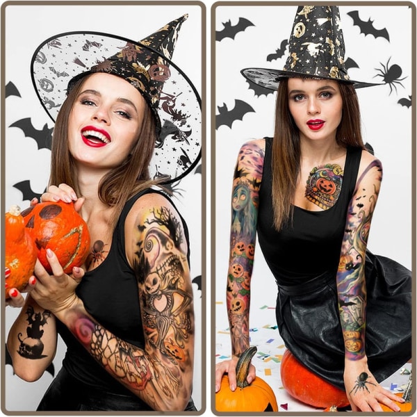 44 ark Halloween Full Arm Tillfälliga Tatueringar Pumpa Witch Sugar Skull Tatuering för kvinnor Män Pojkar