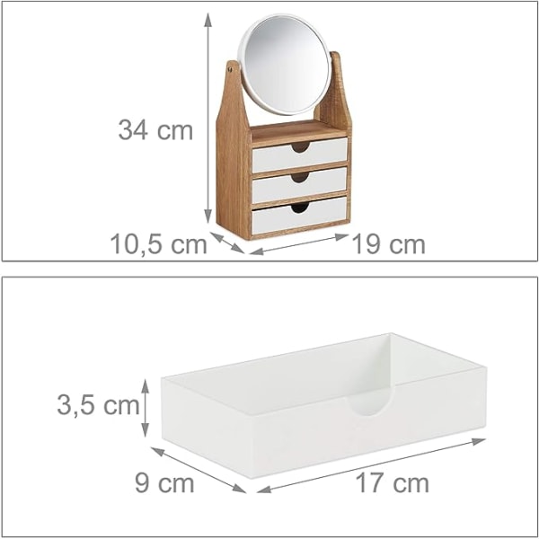 Sminkfäste, 3 lådor, för frisör- och sminkbord, förstoringsspegel, HBT 34 x 19 x 10,5 cm,