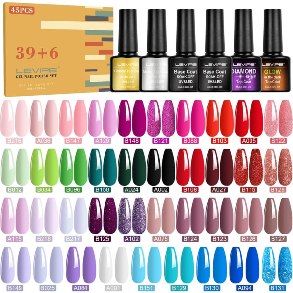 UV-nagellackset, 45 delar gelnagellack med baslack, glänsande och matt topplack,