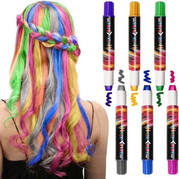 6-färgade hårpennor Crayon Salon, EBANKU Hårkritpennor Tvättbar hårfärg,