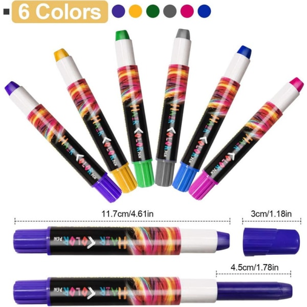 6-färgade hårpennor Crayon Salon, EBANKU Hårkritpennor Tvättbar hårfärg,