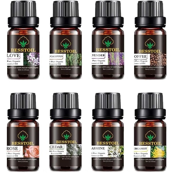 Ekologisk aromaterapi eterisk olja Set 8 flaskor för alla oljespridare, 10 ml