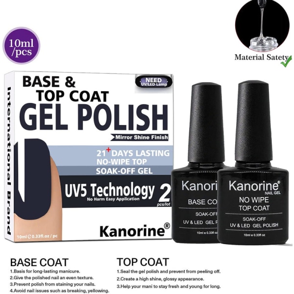 UV LED Soak-Off Gel Nagellack, Top Coat och Base Coat Set, 10 ml styck