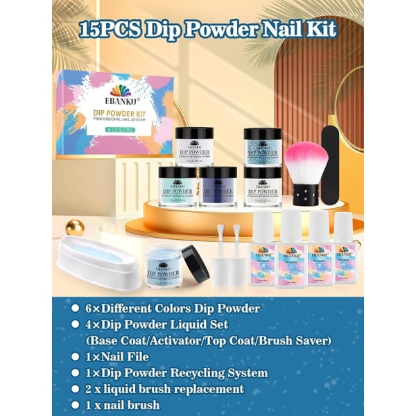 15 Pieces Dip Powder Nail Starter Kit,  6 Colors Blue Glitter Nail Dip Powder Kit with Dip Liquid