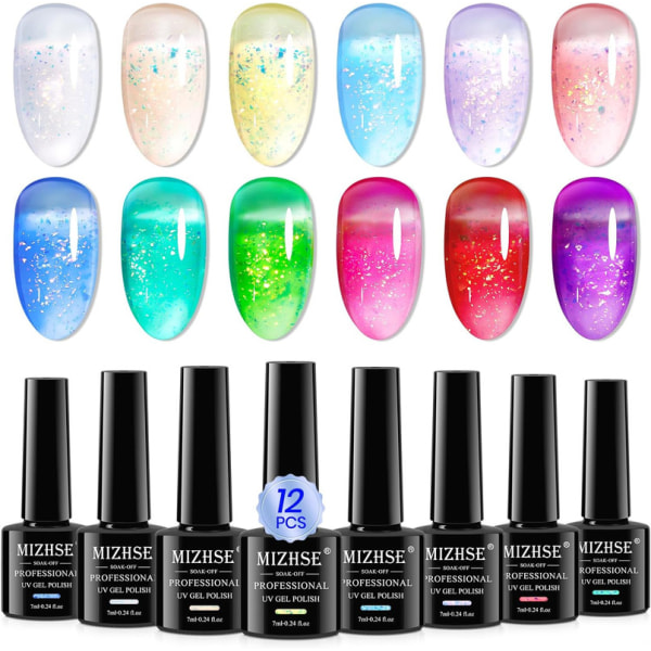 UV Nagellack Set Jelly Transparent Trendig 12 Färger Glitter Nail Gel