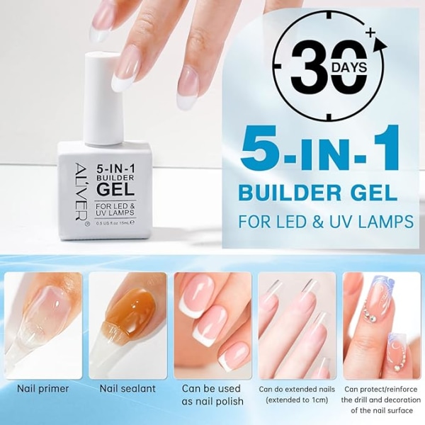 Nagelbyggare gel 15 ml, klar 5-i-1 byggare bas stärkande gel, UV/LED nagellacksrock för hårda starka