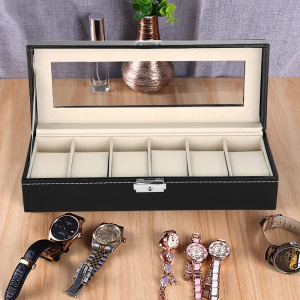 atch Box 6 Watch Box with Glass Window, Velvet Lining, Metal Buckle, Black PU Case, Black