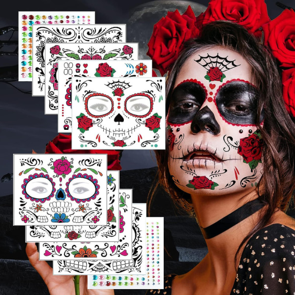 Halloween-klistermärke Ansikte, mun tillfälliga tatueringar Ansiktstatuering med blommig skalle, 10 ark