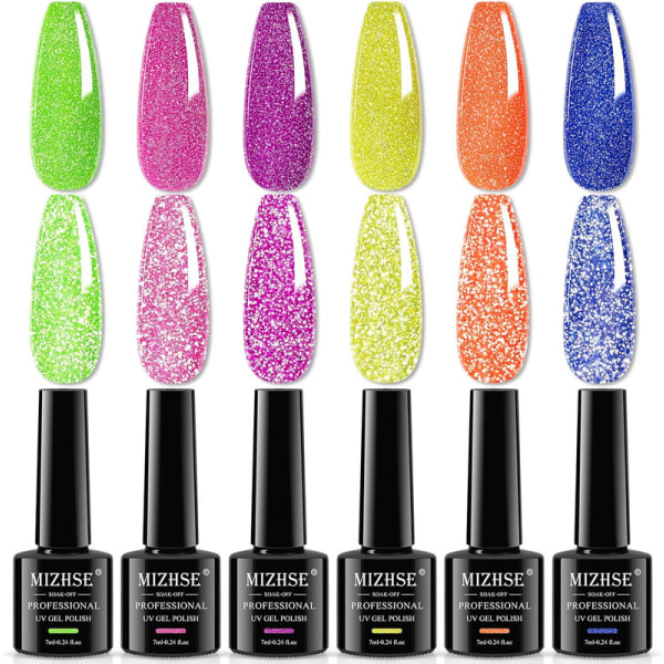 UV Nagellack Reflekterande Glitter Neon 6 Färger Gel Nagellack Set