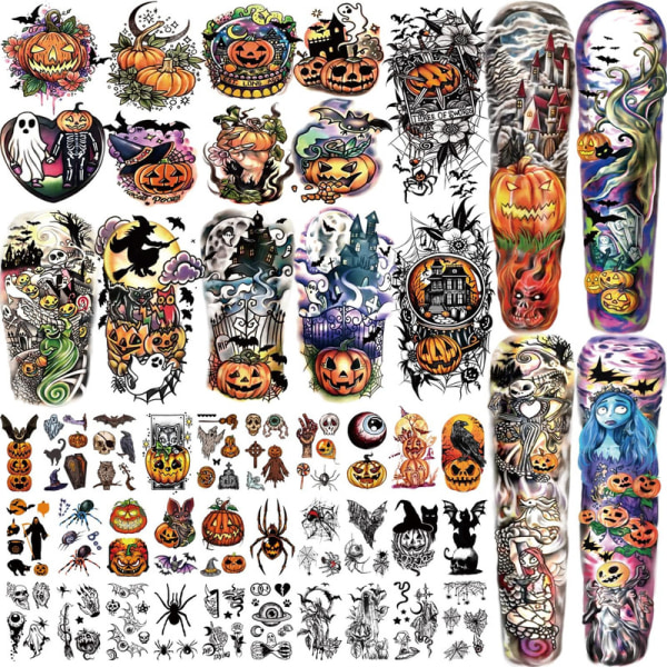 44 ark Halloween Full Arm Tillfälliga Tatueringar Pumpa Witch Sugar Skull Tatuering för kvinnor Män Pojkar