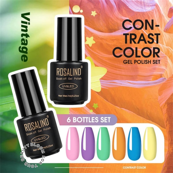 UV-nagellack, 6 färger, pastell, makron, shellak, nagellack, rosa, orange, blå, 7 ml