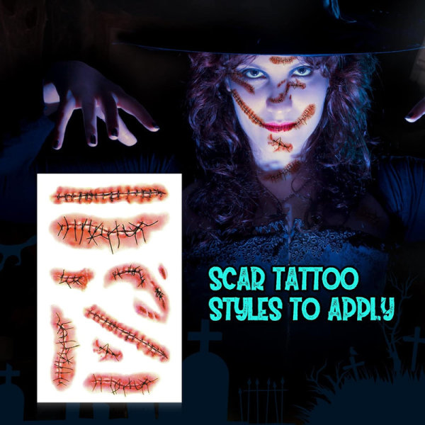 10 ark Halloween tatuering ärr, Halloween sår Realistiska motiv Tillfälliga tatueringar