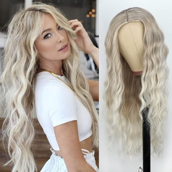 26 tums blond ombre långa vågiga peruker för kvinnor medellång separerande lockigt naturligt hår peruk