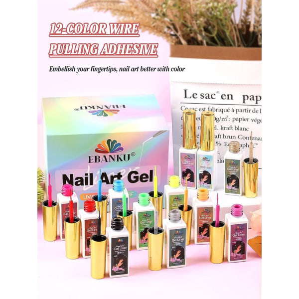 Nail Art Gel Liner Set, 12 färger Gel Nagellack Gel Art Paint Built Tunn Nail Art Pensel