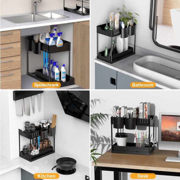 Kitchen Sink Organizer, 2-Step Kitchen Organizer with 4 Hooks & 2 Cups 40 x 22 x 35 cm