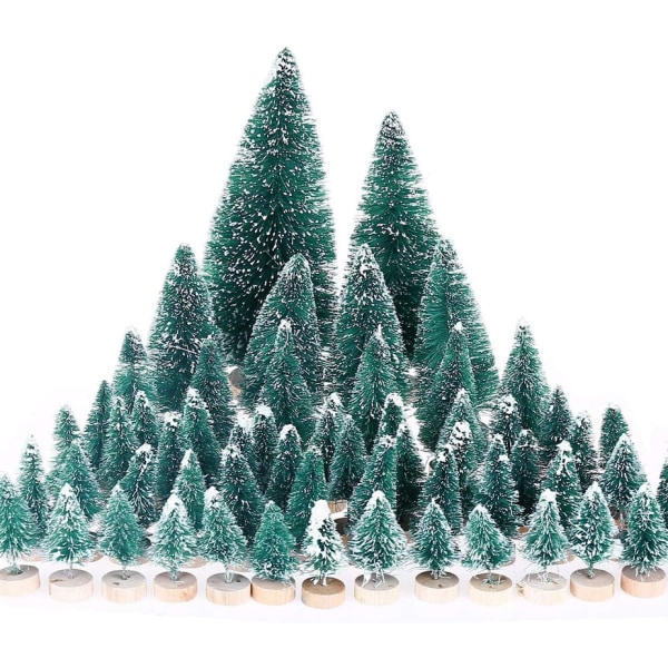 60 st Miniatyr konstgjord julgran bordsskiva snöfrostade träd med träbas