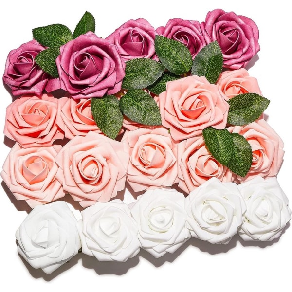 Konstgjorda rosor, 20 stycken konstgjorda blommor, konstgjorda blommor (rosa och vita)