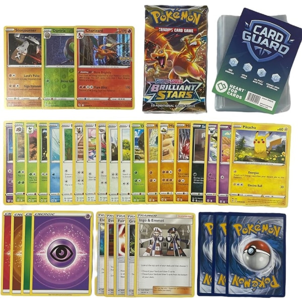 Pok-set med 50 Pokemon kort utan dubbletter + 1 slumpmässig Pokemon Booster + 2 glansiga gåvokort + 1