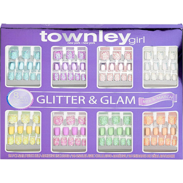 Townley Girl 96 PC Press-On Nails Set, Glitter and Glam, 8 Different Mix and Match Set, Self Adhesive Fake Nails