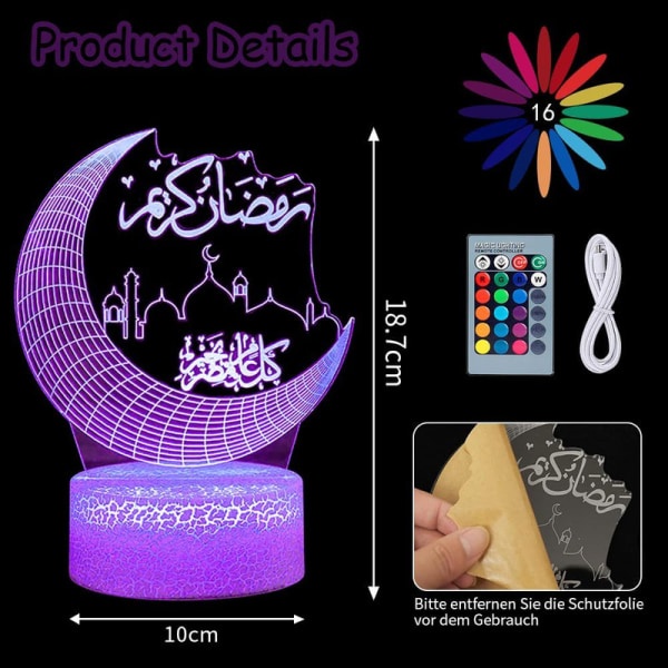 Ramadan Eid Mubarak dekorationer LED med fjärrkontroll, 16 färger, 8 lägen, USB anslutning