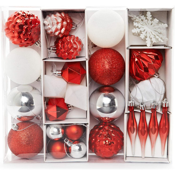 Deco Set med 29 julgranskulor - Juldekorationer Röd Silver Vit att hänga