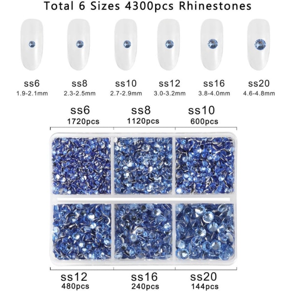 4300 stycken Blå platt rygg strass nagelstenar runda kristall strass stenar för hantverk