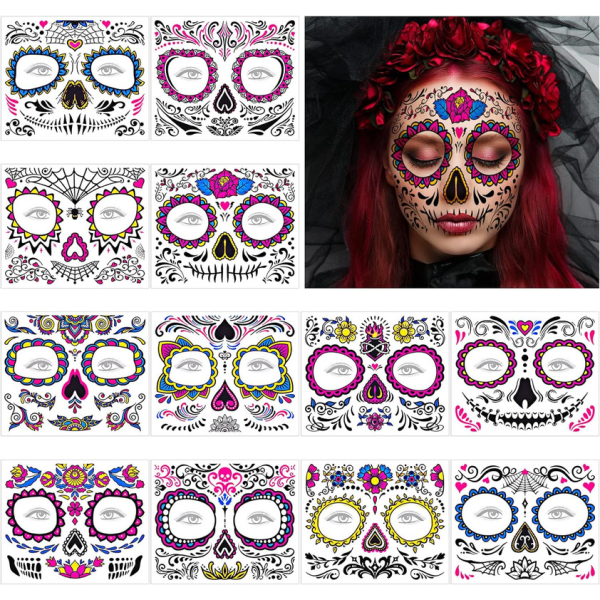 Halloween Face Temporary Tattoos, 12 Pack Day of the Dead Fluorescent Face Tattoo Stickers