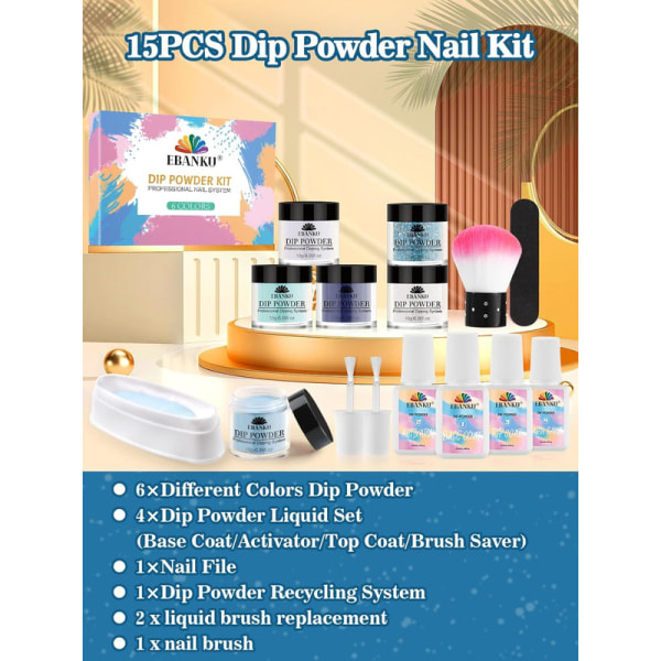 15 delar Dip Powder Nail Starter Kit, 6 färger Blå Glitter Nail Dip Powder Kit
