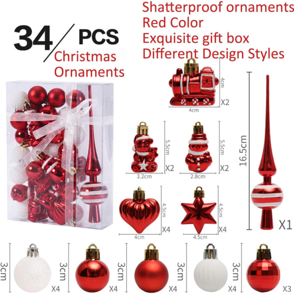 34 grannlåt julgranskulor Set Rojo vita plastkulor med hängare,