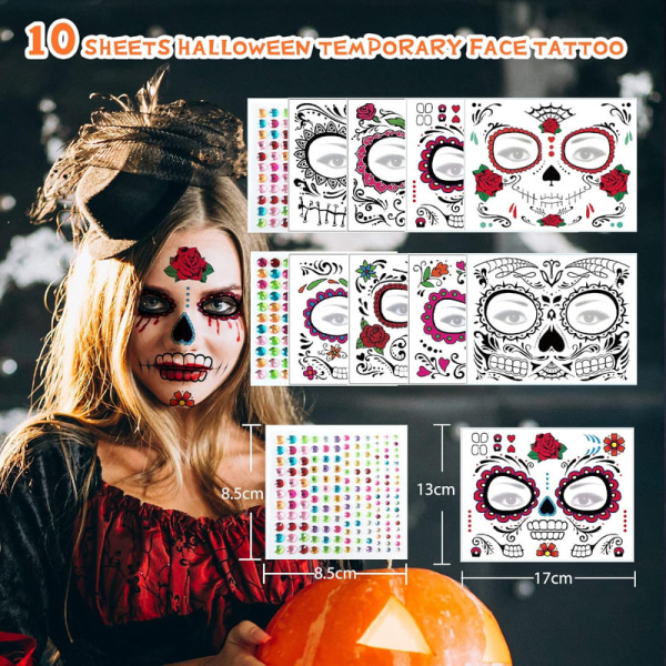 Halloween-klistermärke Ansikte, mun tillfälliga tatueringar Ansiktstatuering med blommig skalle, 10 ark