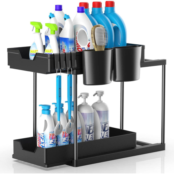 Kitchen Sink Organizer, 2-Step Kitchen Organizer with 4 Hooks & 2 Cups 40 x 22 x 35 cm