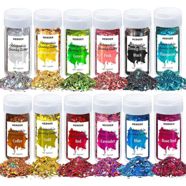 Holografiska tjocka glitter 12 färger 144g Chunky paljetter glitter set