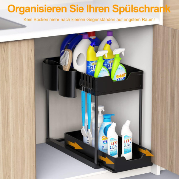 Kitchen Sink Organizer, 2-Step Kitchen Organizer with 4 Hooks & 2 Cups 40 x 22 x 35 cm