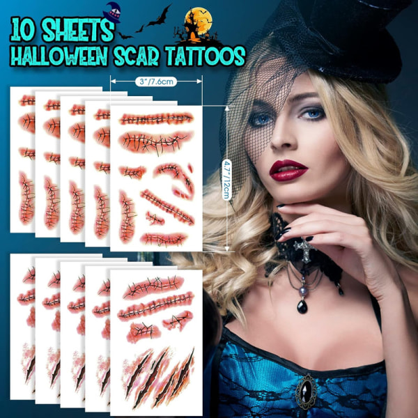 10 ark Halloween tatuering ärr, Halloween sår Realistiska motiv Tillfälliga tatueringar