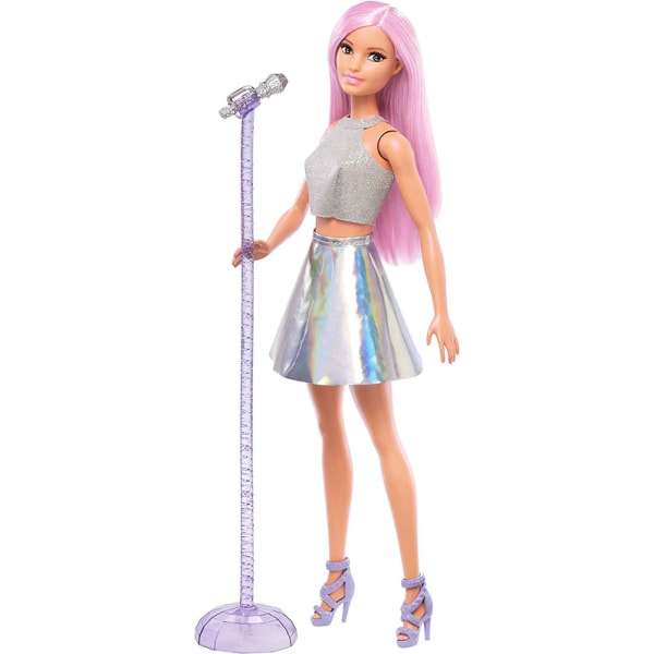 Barbie som popstjärna med mikrofon och rosa hår,