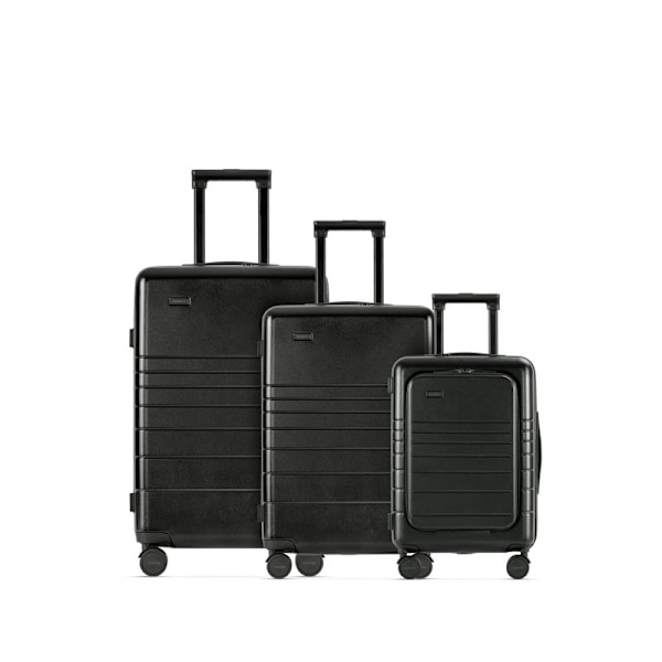 Set med 3 Eternitive E3 resväskor / TSA kombinationslås / storlek S + M + L / svart / kabinväska med extra ficka och USB-C- och USB-A-port / 360° svän