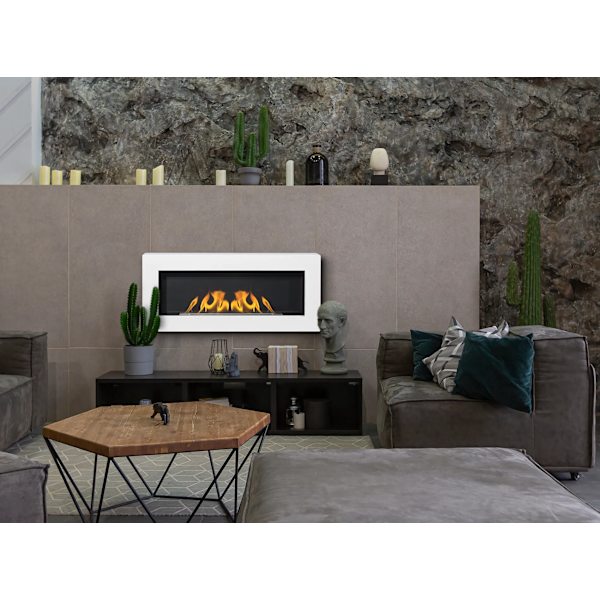 Etanolkamin Öppna spisar Bio-eldplats Hängande biopejs Bioetanolbrännare BOX  90 cm x 40 cm x 12 cm matt vit ekologisk eldstad