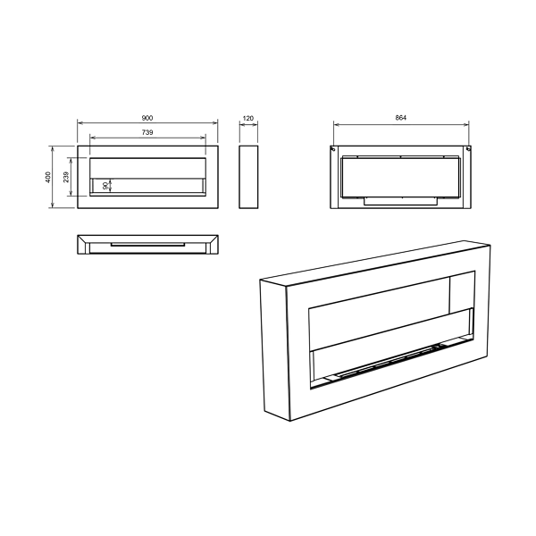 Hängande etanolspis Biokamin Hängande biokamin Bioetanolbrännare BOX 90 cm x 40 cm x 12 cm matt vitt med glas ekologisk spis