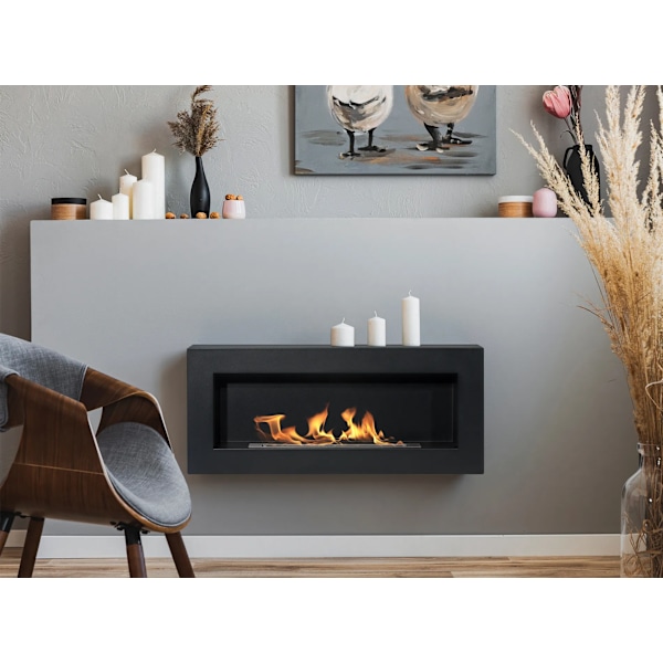 Etanolkamin Öppna spisar Bio-eldplats Hängande biopejs Bioetanolbrännare BOX 90 cm x 40 cm x 12 cm matt svart ekologisk eldstad